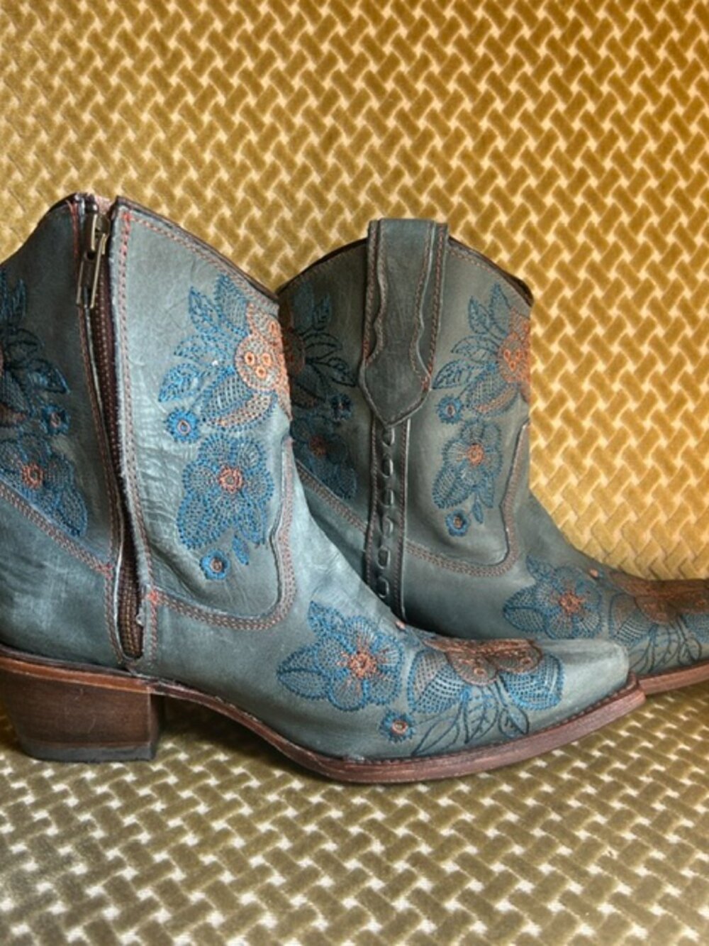 Corral Rich Blue Leather Flower Embroidered Zip Ankle Snip Western Booties NEW - Picture 13 of 16
